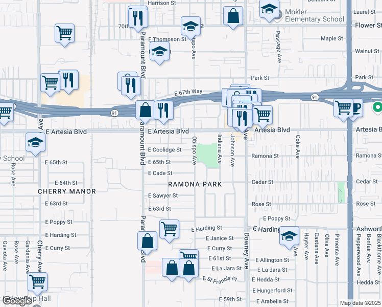 map of restaurants, bars, coffee shops, grocery stores, and more near 3134 East Coolidge Street in Long Beach