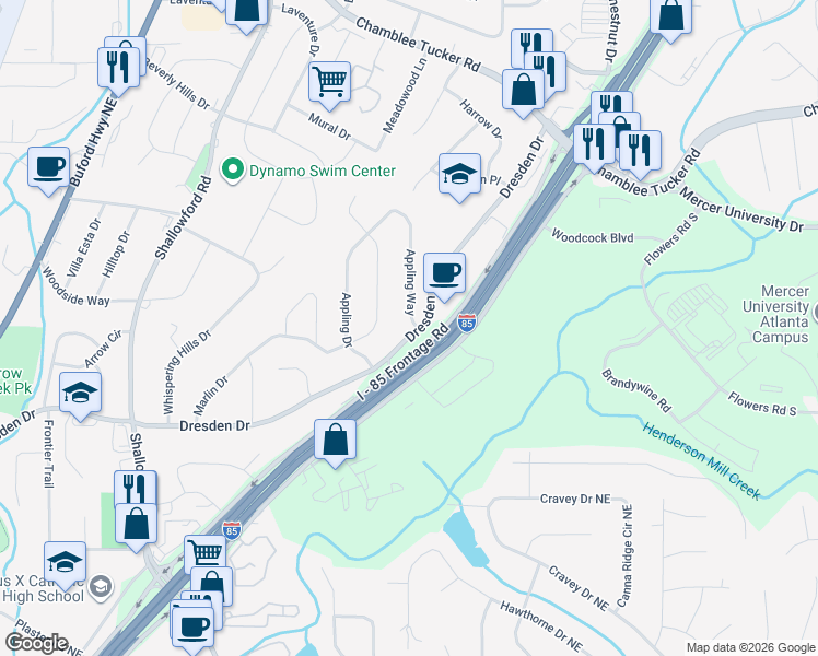 map of restaurants, bars, coffee shops, grocery stores, and more near 2790 Dresden Drive in Chamblee