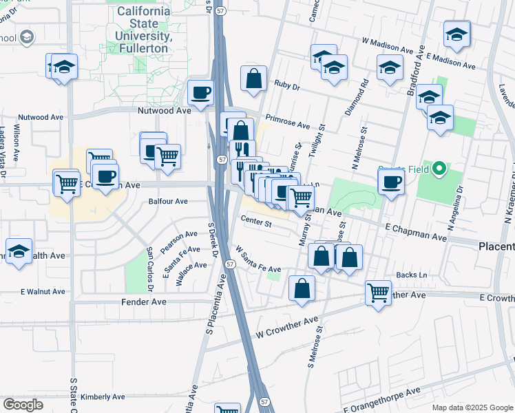map of restaurants, bars, coffee shops, grocery stores, and more near 644 West Chapman Avenue in Placentia