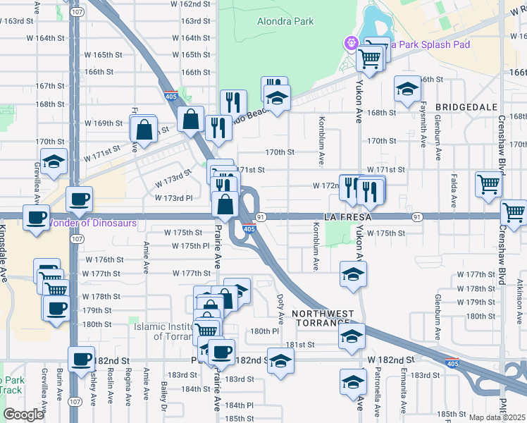 map of restaurants, bars, coffee shops, grocery stores, and more near 3843 Artesia Boulevard in Torrance
