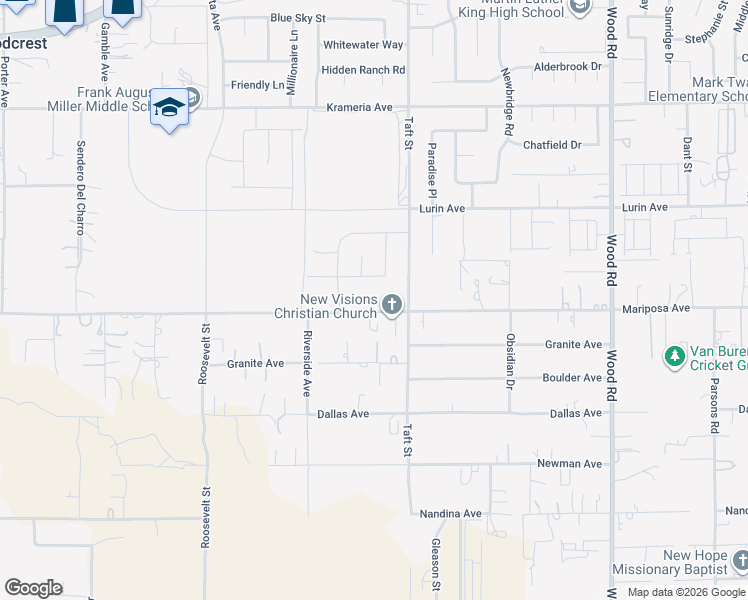 map of restaurants, bars, coffee shops, grocery stores, and more near 18365 Mariposa Avenue in Riverside