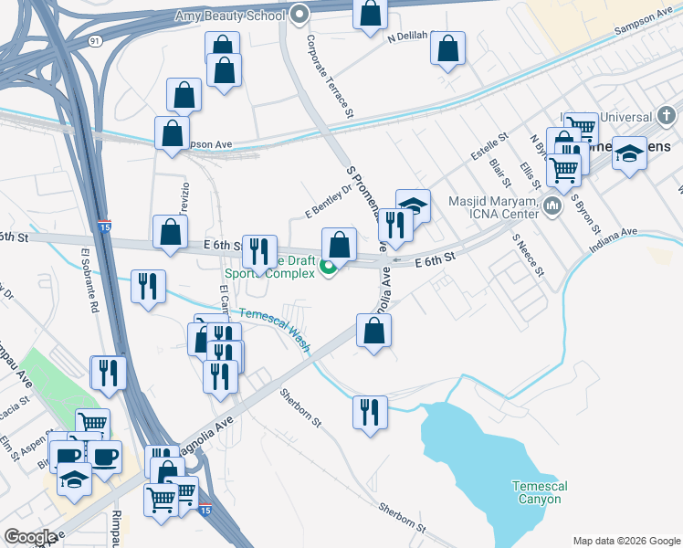map of restaurants, bars, coffee shops, grocery stores, and more near 1540 East 6th Street in Corona