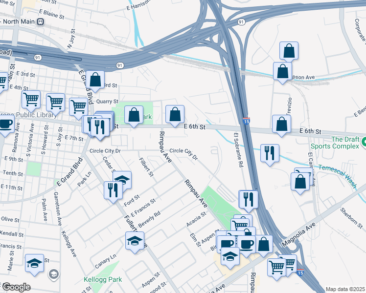 map of restaurants, bars, coffee shops, grocery stores, and more near 1149 Circle City Drive in Corona
