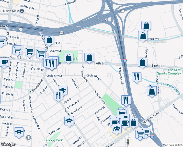 map of restaurants, bars, coffee shops, grocery stores, and more near 1149 Circle City Drive in Corona