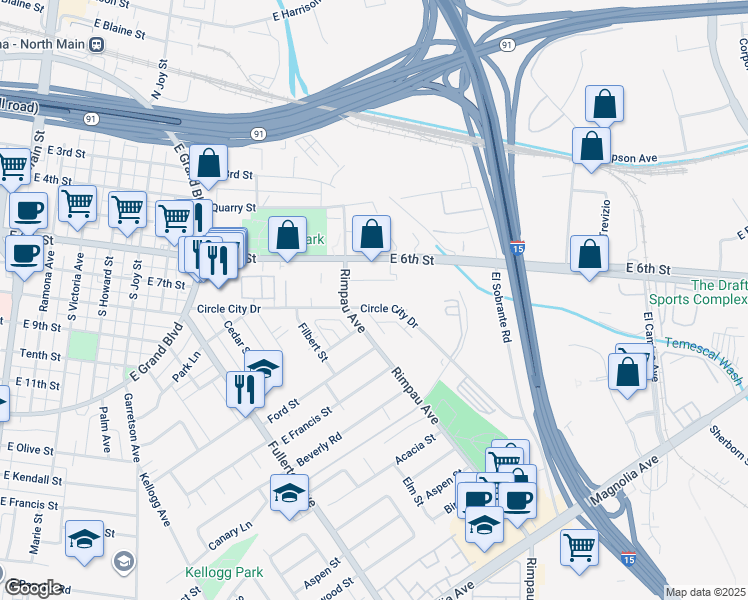 map of restaurants, bars, coffee shops, grocery stores, and more near 1109 Circle City Drive in Corona