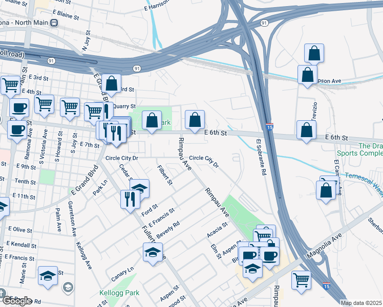map of restaurants, bars, coffee shops, grocery stores, and more near 1109 Circle City Drive in Corona