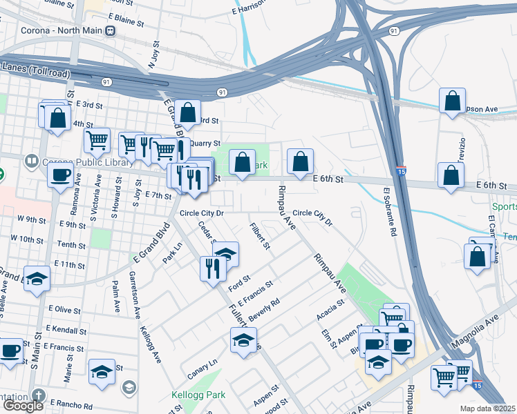 map of restaurants, bars, coffee shops, grocery stores, and more near 1065 Circle City Drive in Corona