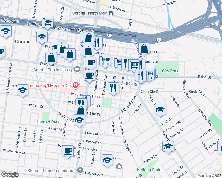 map of restaurants, bars, coffee shops, grocery stores, and more near 801 South Victoria Avenue in Corona