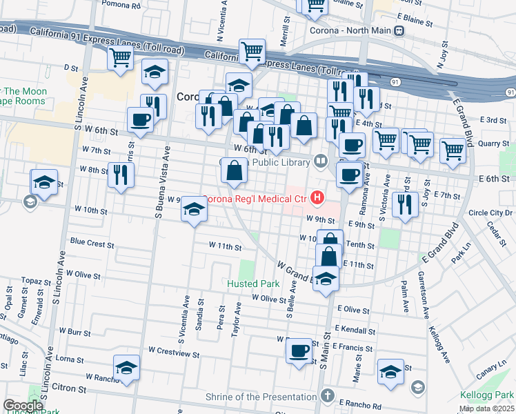 map of restaurants, bars, coffee shops, grocery stores, and more near 823 South Merrill Street in Corona