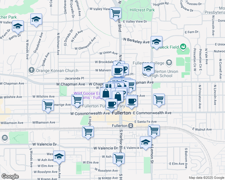 map of restaurants, bars, coffee shops, grocery stores, and more near 126 West Whiting Avenue in Fullerton