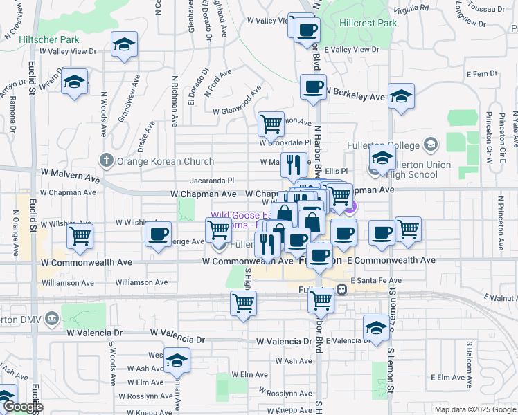 map of restaurants, bars, coffee shops, grocery stores, and more near 318 North Highland Avenue in Fullerton