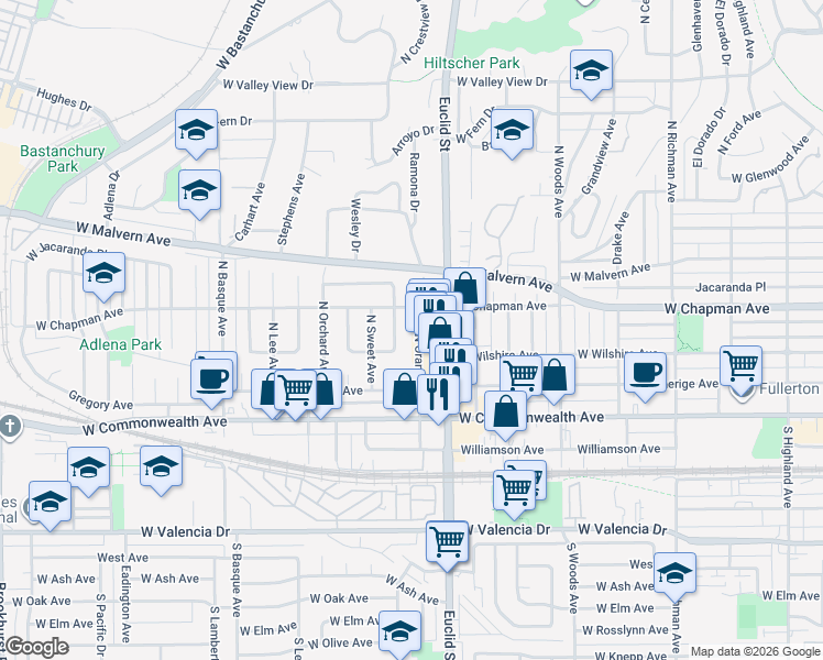 map of restaurants, bars, coffee shops, grocery stores, and more near 313 North Orange Avenue in Fullerton