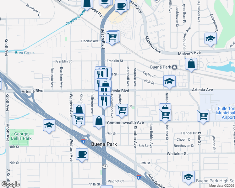map of restaurants, bars, coffee shops, grocery stores, and more near 6021 Darlington Avenue in Buena Park