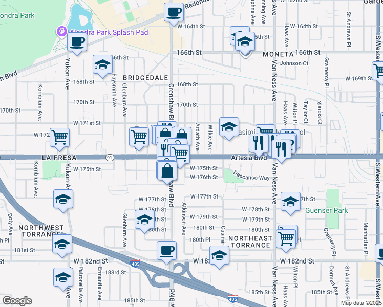 map of restaurants, bars, coffee shops, grocery stores, and more near 2903 Artesia Boulevard in Torrance