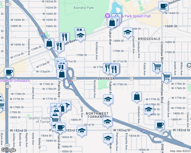 map of restaurants, bars, coffee shops, grocery stores, and more near 3719 Artesia Boulevard in Torrance