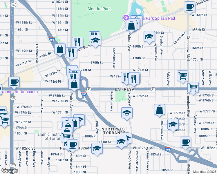 map of restaurants, bars, coffee shops, grocery stores, and more near 3719 Artesia Boulevard in Torrance