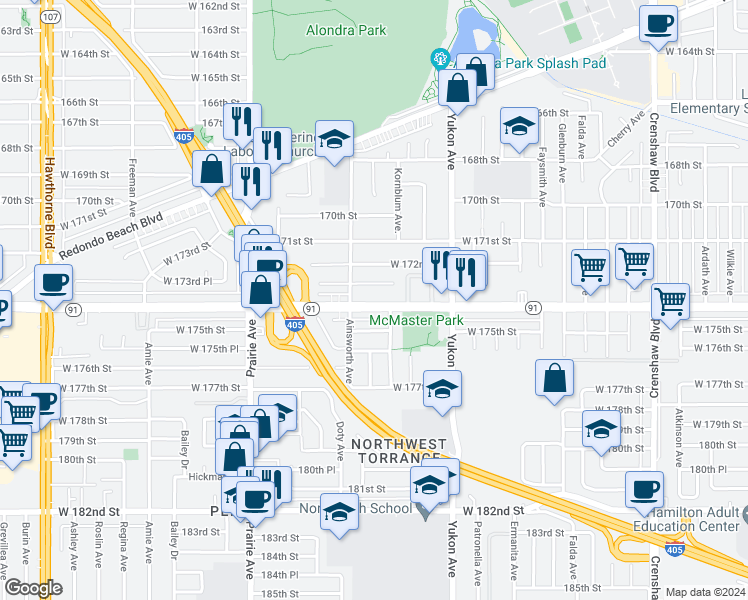 map of restaurants, bars, coffee shops, grocery stores, and more near 3719 Artesia Boulevard in Torrance