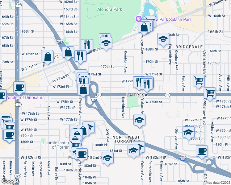 map of restaurants, bars, coffee shops, grocery stores, and more near 3775 Artesia Boulevard in Torrance
