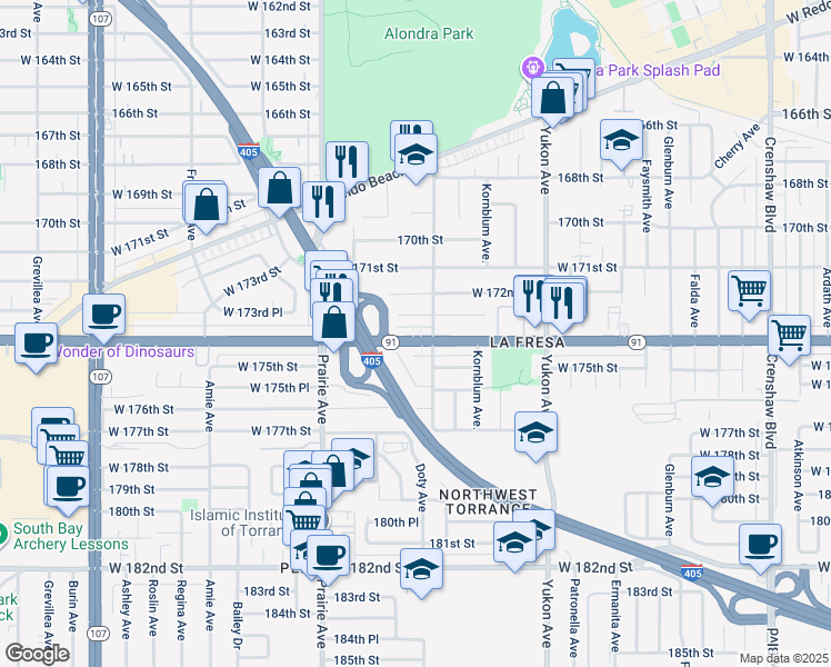 map of restaurants, bars, coffee shops, grocery stores, and more near 3775 Artesia Boulevard in Torrance