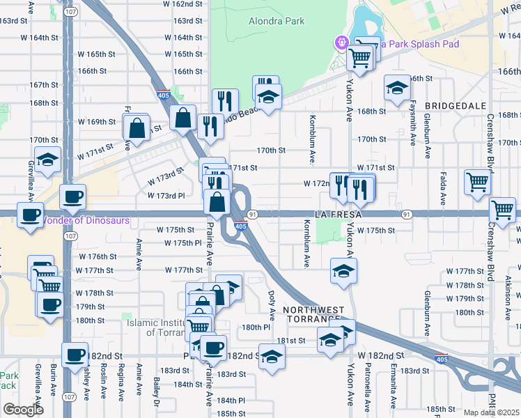 map of restaurants, bars, coffee shops, grocery stores, and more near 3843 Artesia Boulevard in Torrance
