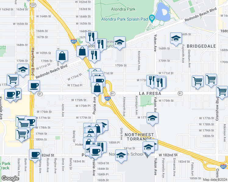 map of restaurants, bars, coffee shops, grocery stores, and more near 3843 Artesia Boulevard in Torrance