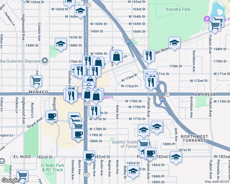 map of restaurants, bars, coffee shops, grocery stores, and more near 4201 Artesia Boulevard in Torrance