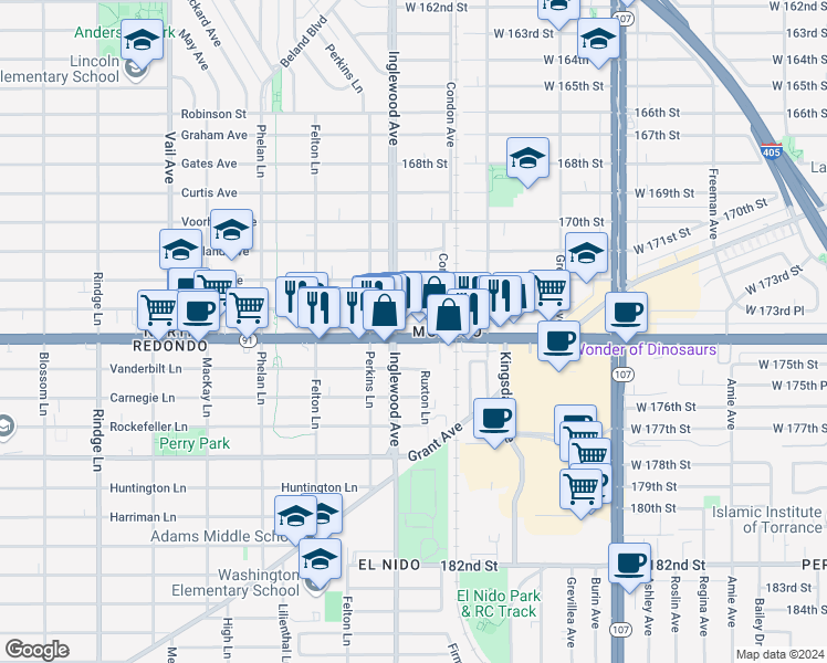 map of restaurants, bars, coffee shops, grocery stores, and more near 4737 Artesia Boulevard in Lawndale