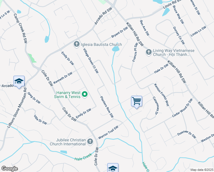 map of restaurants, bars, coffee shops, grocery stores, and more near 530 Village Green Court Southwest in Lilburn