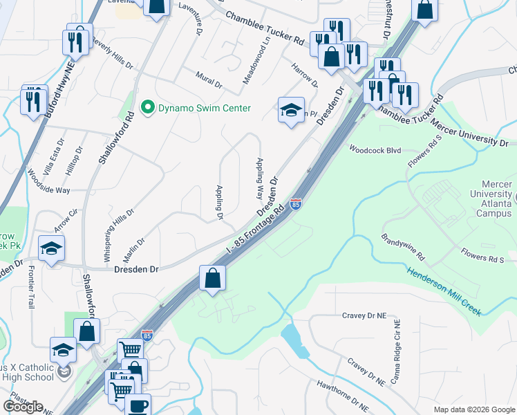 map of restaurants, bars, coffee shops, grocery stores, and more near 2790 Dresden Drive in Chamblee