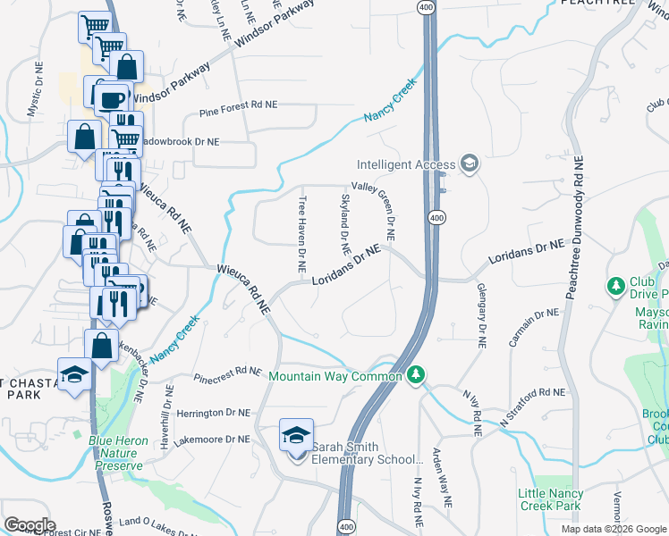 map of restaurants, bars, coffee shops, grocery stores, and more near 554 Loridans Drive Northeast in Atlanta