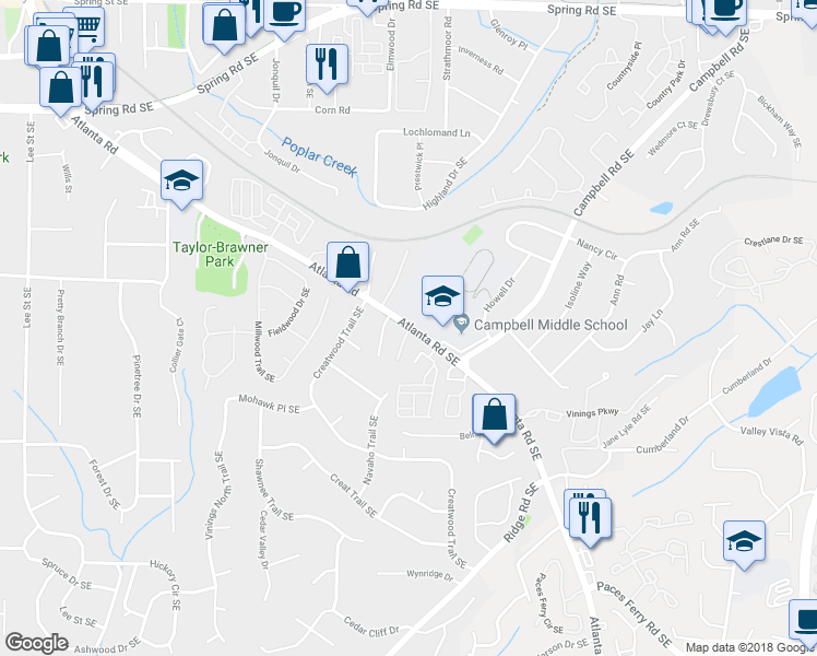 map of restaurants, bars, coffee shops, grocery stores, and more near 37 Villa Court Southeast in Smyrna