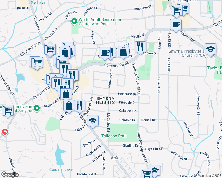 map of restaurants, bars, coffee shops, grocery stores, and more near 3295 McCauley Road in Smyrna