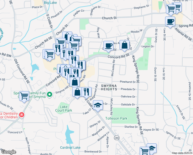 map of restaurants, bars, coffee shops, grocery stores, and more near 984 Valley Drive in Smyrna