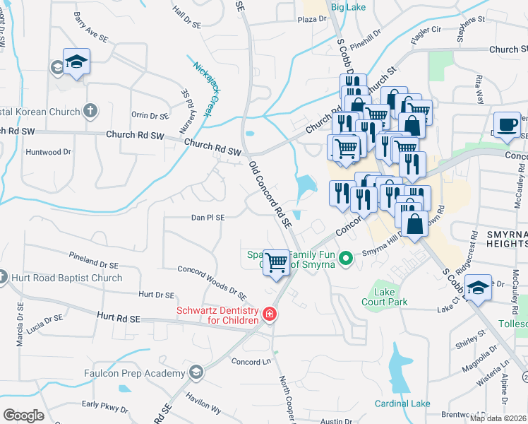 map of restaurants, bars, coffee shops, grocery stores, and more near 3369 Charlotte Circle in Smyrna