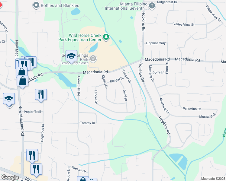 map of restaurants, bars, coffee shops, grocery stores, and more near 3217 Calcutta Court in Powder Springs