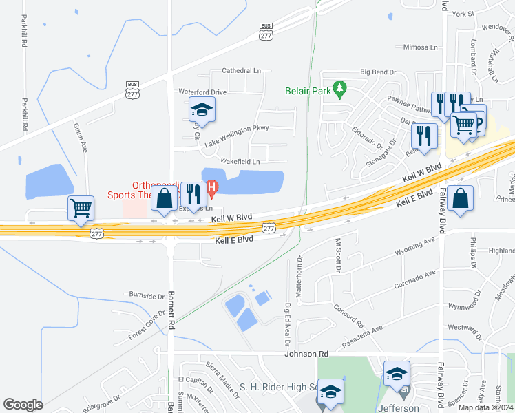 map of restaurants, bars, coffee shops, grocery stores, and more near 5100 Kell West Boulevard in Wichita Falls
