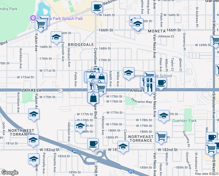 map of restaurants, bars, coffee shops, grocery stores, and more near 2903 Artesia Boulevard in Torrance