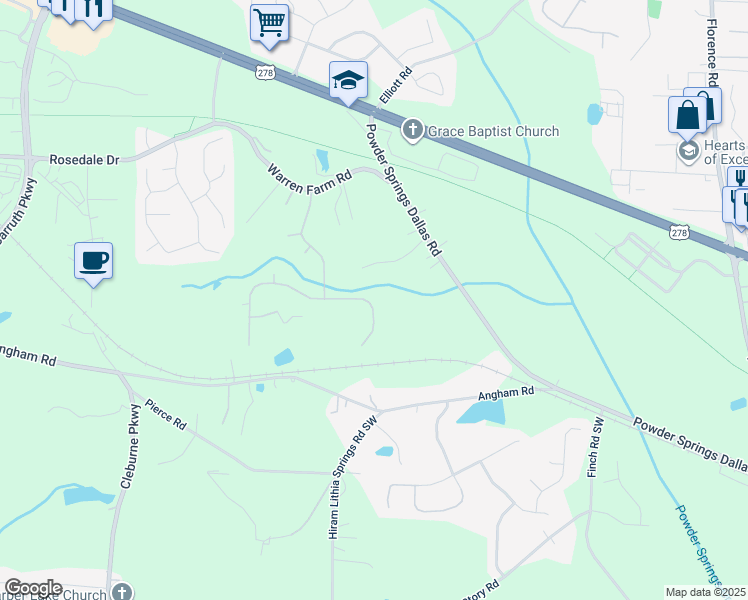 map of restaurants, bars, coffee shops, grocery stores, and more near 3256 Creek Trace East in Hiram