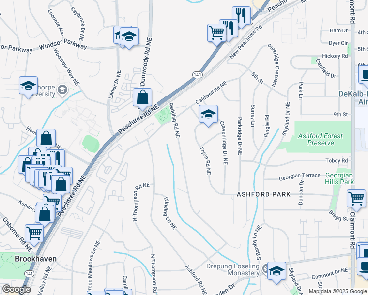 map of restaurants, bars, coffee shops, grocery stores, and more near 2909 Redding Road Northeast in Atlanta