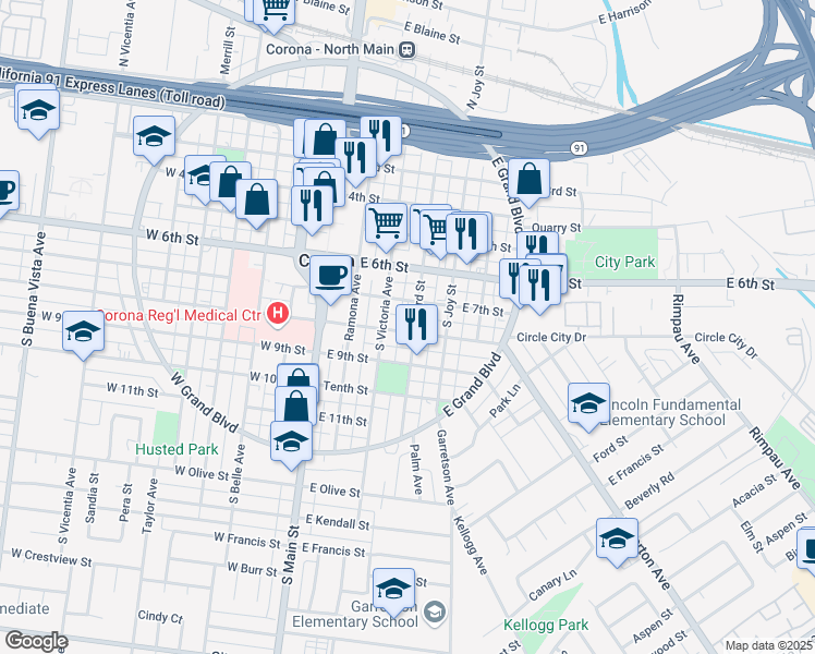 map of restaurants, bars, coffee shops, grocery stores, and more near 315 East 8th Street in Corona
