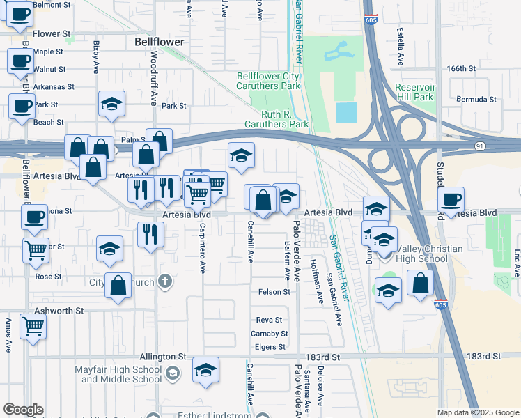 map of restaurants, bars, coffee shops, grocery stores, and more near 10459 Artesia Boulevard in Bellflower