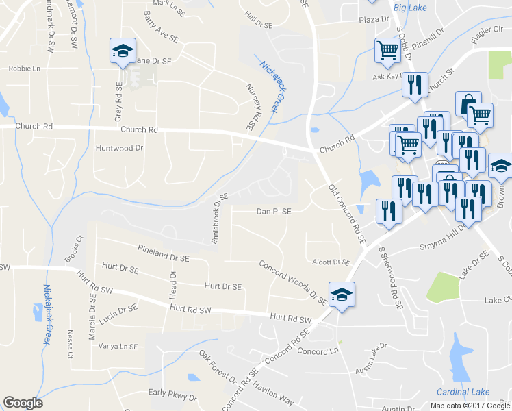 map of restaurants, bars, coffee shops, grocery stores, and more near 373 Dan Pl SE in Smyrna