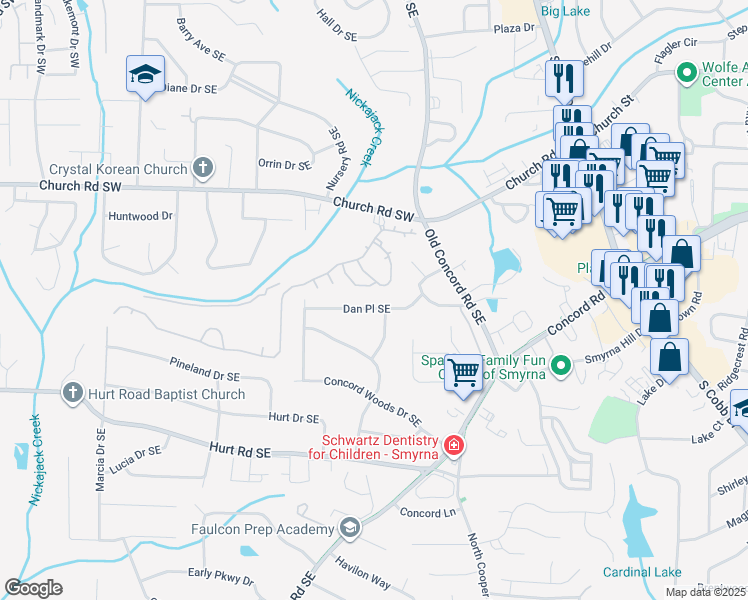 map of restaurants, bars, coffee shops, grocery stores, and more near 425 Dan Place Southeast in Smyrna