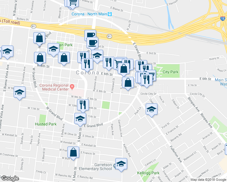 map of restaurants, bars, coffee shops, grocery stores, and more near 401 East 8th Street in Corona