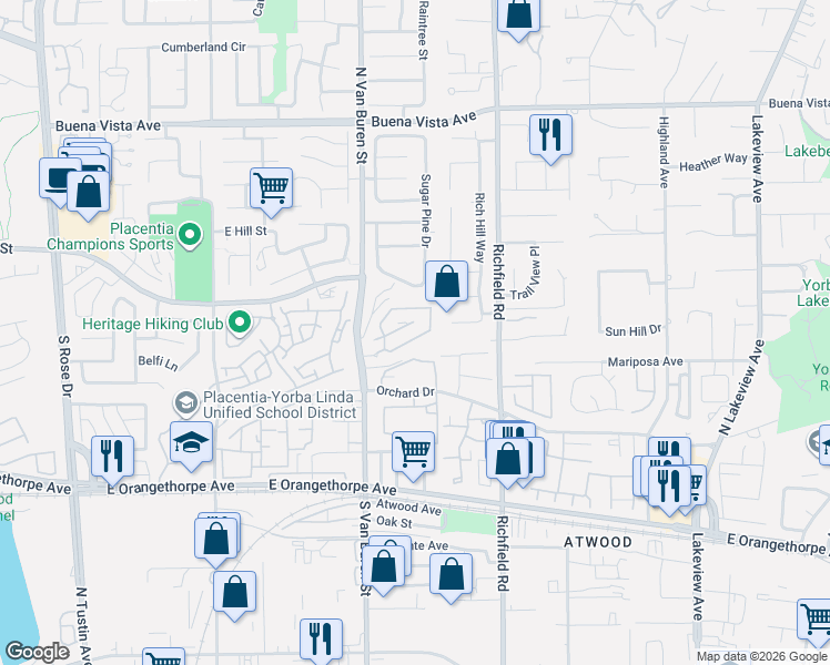 map of restaurants, bars, coffee shops, grocery stores, and more near 1757 Pierce Lane in Placentia