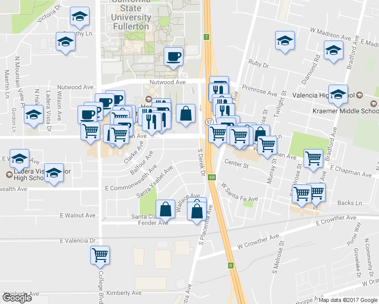map of restaurants, bars, coffee shops, grocery stores, and more near 2638 Balfour Avenue in Fullerton