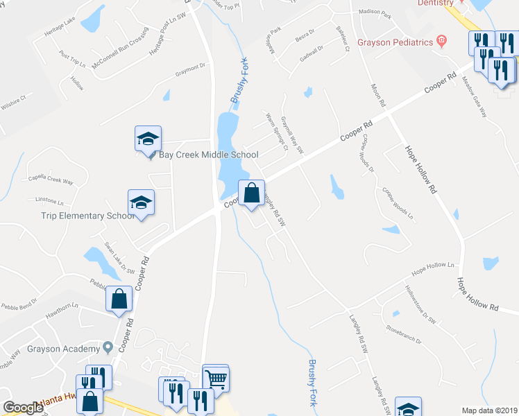 map of restaurants, bars, coffee shops, grocery stores, and more near 2818 Rolling Downs Way Southwest in Loganville