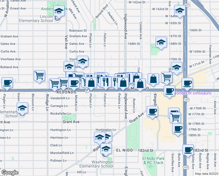 map of restaurants, bars, coffee shops, grocery stores, and more near 2607 Artesia Boulevard in Redondo Beach