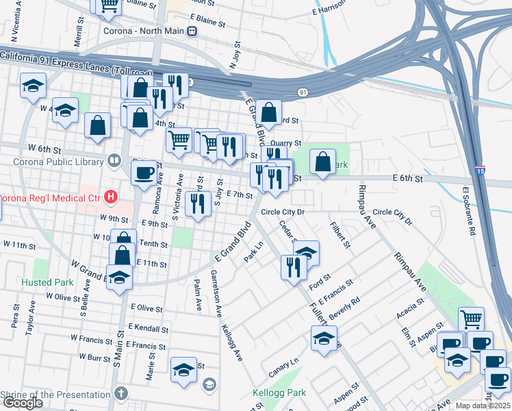 map of restaurants, bars, coffee shops, grocery stores, and more near 712 East Grand Boulevard in Corona