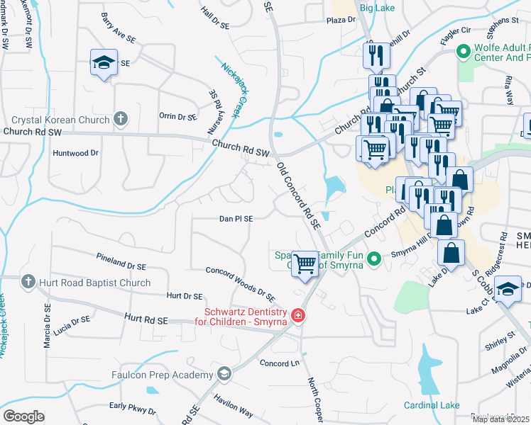 map of restaurants, bars, coffee shops, grocery stores, and more near 473 Dan Place Southeast in Smyrna